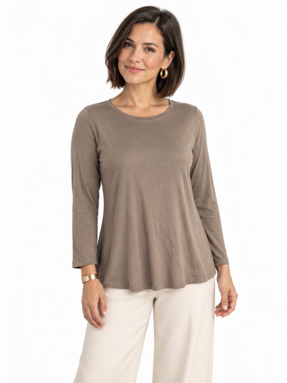 Eileen Fisher Petite A-Line Top Taupe Brown Size PM Minimalist Capsule Casual